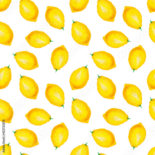 Lemon fruit watercolor seamless pattern. Lemon summer hand drawn background. Kitchen pattern. 