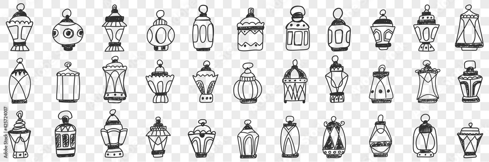 Decorations lamps and shades doodle set. Collection of hand drawn decorative elegant vintage shades with lamps for light and carrying in hand isolated on transparent background Decorations lamps and shades doodle set. Collection of hand drawn decorative elegant vintage shades with lamps for light and carrying in hand isolated on transparent background