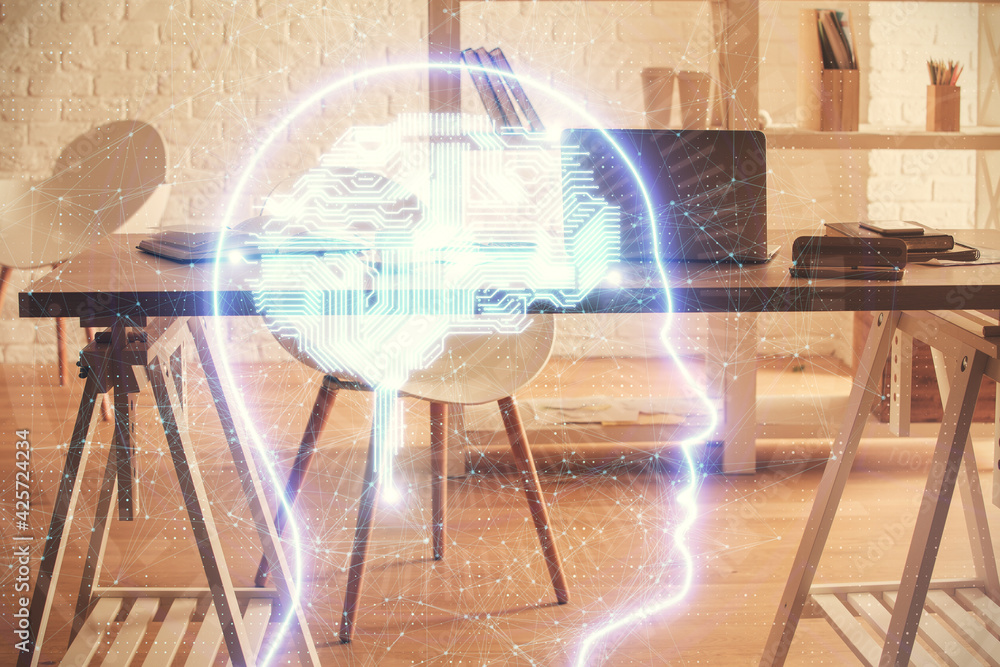 Multi exposure of brain drawing and office interior background. Concept of data technology. Multi exposure of brain drawing and office interior background. Concept of data technology.