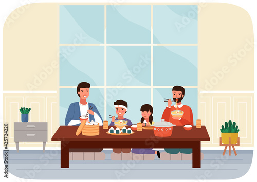 Family eating in dining room in oriental style vector illustration. Dining table with noodles, manti