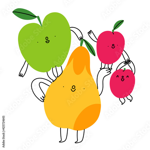 Happy cartoon fruits composition, vector illustration