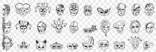 Carnival masks assortment doodle set. Collection of hand drawn various styles of decorative face masks as festival carnival costumes isolated on transparent background vector illustration 