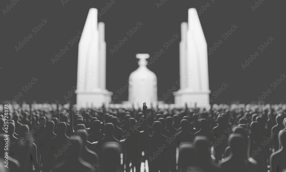 3D image Democracy protesters raise three fingers. It is a symbol of resistance to Government in Thailand at the Democracy Monument in Bangkok - 3D render 3D image Democracy protesters raise three fingers. It is a symbol of resistance to Government in Thailand at the Democracy Monument in Bangkok - 3D render