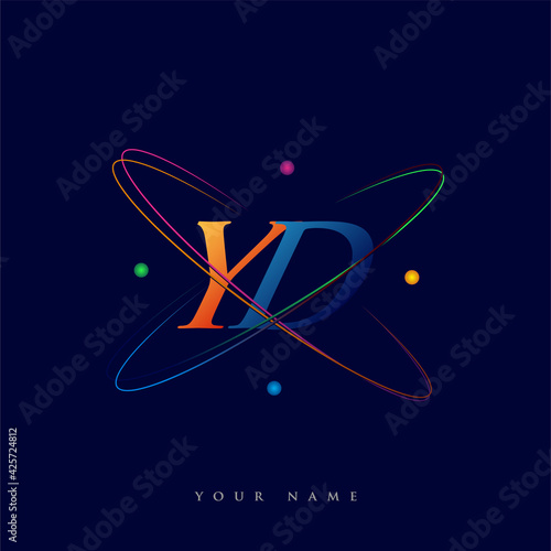 initial letter YD logotype science icon colored blue, red, green and yellow swoosh design. vector logo for business and company identity.