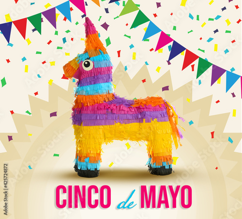 Cinco de Mayo festive poster. Bright funny pinata on color background