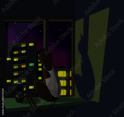 Lasnamau - The cat sits on the windowsill and looks out the window, outside the window is the night city, next to the cat is a can of beer