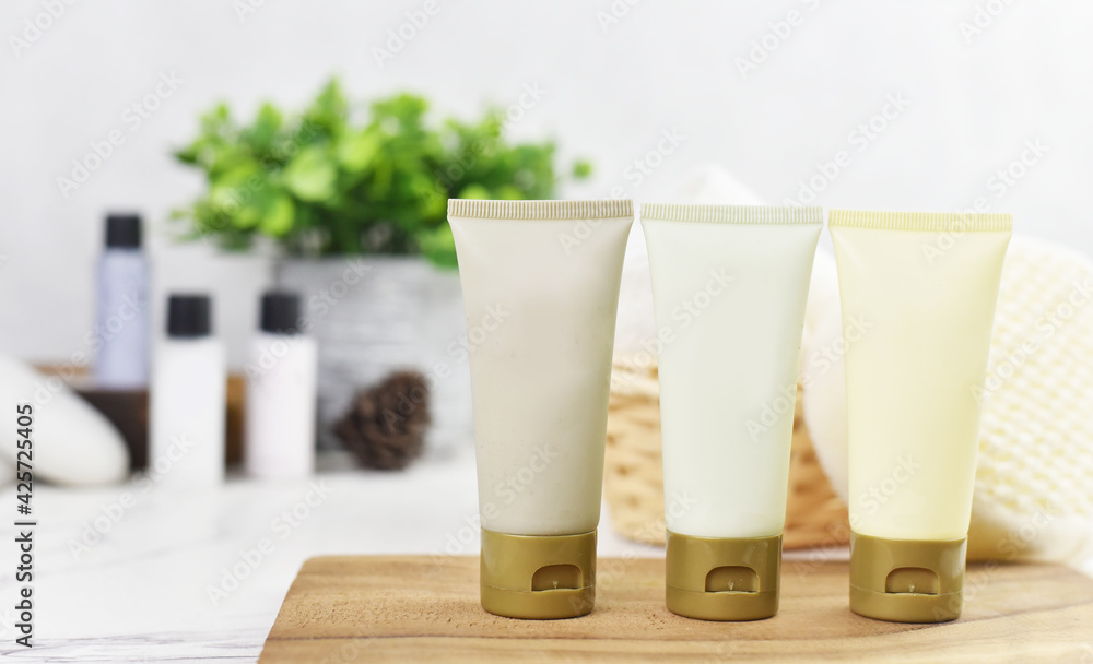 Bathroom amenities set for hotel service, cosmetic products Bathroom amenities set for hotel service, cosmetic products