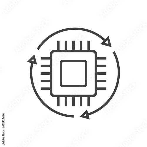 Tecnología electrónica. Procesador con circuito digital con flechas girando con lineas de color gris
