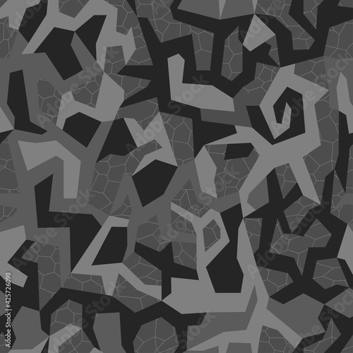 Camouflage seamless urban pattern. Military geometric wallpaper, camo texture. Print on fabric on textiles. Vector black and gray monochrome background