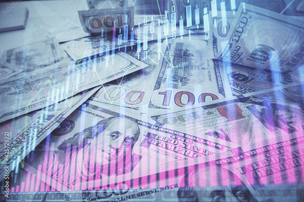 Fototapeta premium Multi exposure of forex chart drawing over us dollars bill background. Concept of financial success markets.