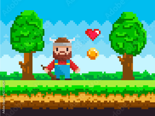 Viking wearing horned hat collects hearts and coins. Pixelated personage with weapon ready to figh © robu_s