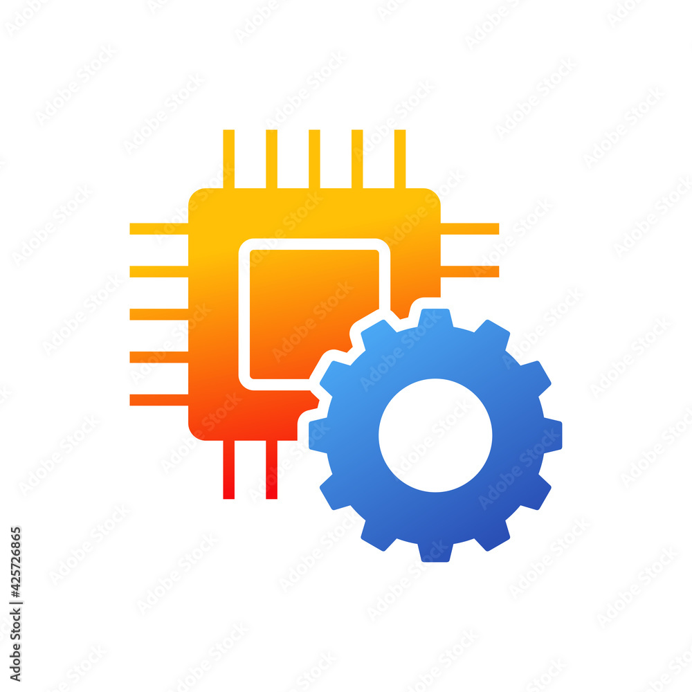 Tecnología electrónica. Engranaje con procesador con circuito digital en color naranja y azul Tecnología electrónica. Engranaje con procesador con circuito digital en color naranja y azul