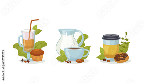 Coffee drink in cup collection set, vector illustration. Hot beverage in mug,...