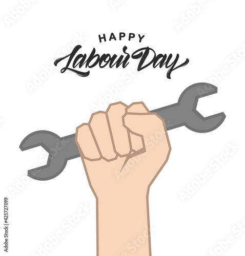Clenched fist with wrench, Poster with hand lettering of Happy Labour Day 1st of May