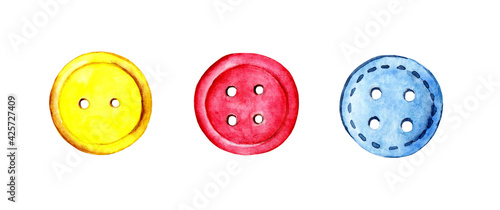 Watercolor illustration set of buttons for clothes, yellow, red, blue. Clasp designed to connect the product through the loop. Item to be sewn onto clothing. Isolated on white background Drawn by hand