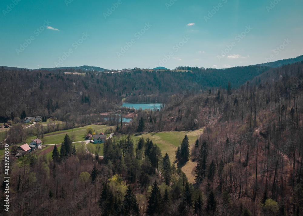View of lakes in Draga valley, close to Skofljica, Slovenia, on a spring day. Beautiful views of the ponds and marshes at the outskirts of Ljubljansko barje.