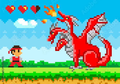 Pixelated natural landscape with ninja brave warrior fighting against red three-headed dragon