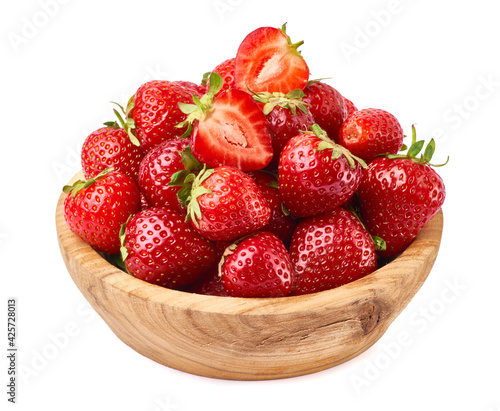 Wooden bowl of Fresh strawberry isolated on white background