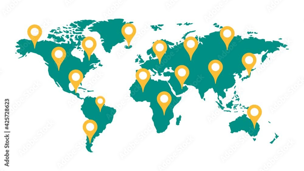 World map pin animation. World map with geolocation markers motion