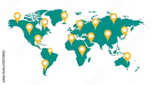 World map pin animation. World map with geolocation markers motion animation. Global communication. Delivery and logistics. 4k video with alpha matte channel