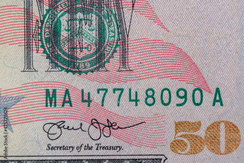 Closeup 50 dollar banknote. Fifty USD background. United States dollar bills.
