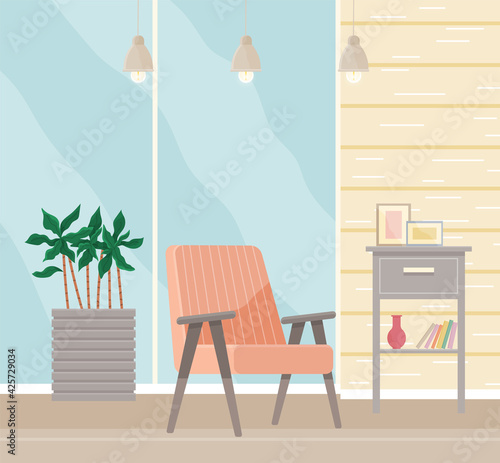 Flat design interior. Planning and arrangement of furniture in apartment. Living room. Home lifestyle. Style house
