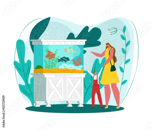 Aquarium fish set, home oceanarium, vector illustration. Mother, child watch floating sea animals. Happy boy admire seaweed, sea nature.