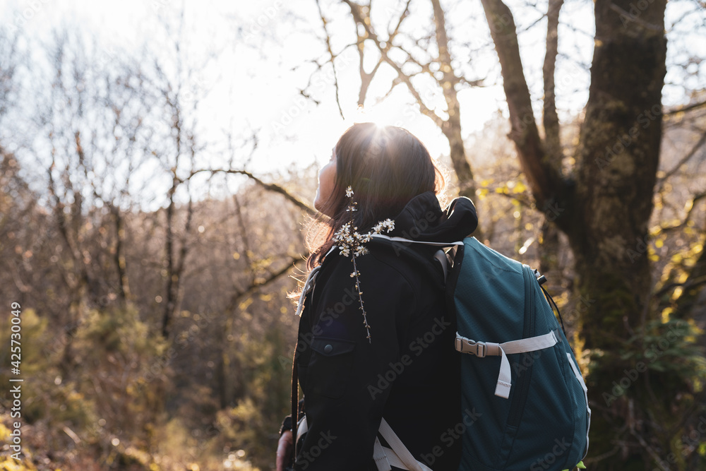 Naklejka premium Woman hiking at sunset, outdoors