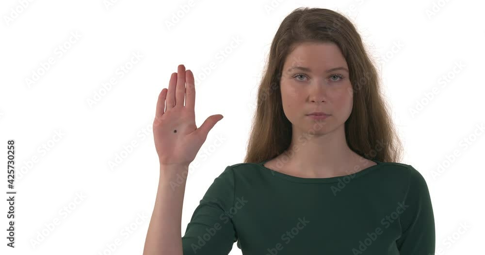 Portrait of young Caucasian woman looking at camera and showing secret signal for help. Black dot on palm. Women against domestic violence. Isolated on white background Portrait of young Caucasian woman looking at camera and showing secret signal for help. Black dot on palm. Women against domestic violence. Isolated on white background