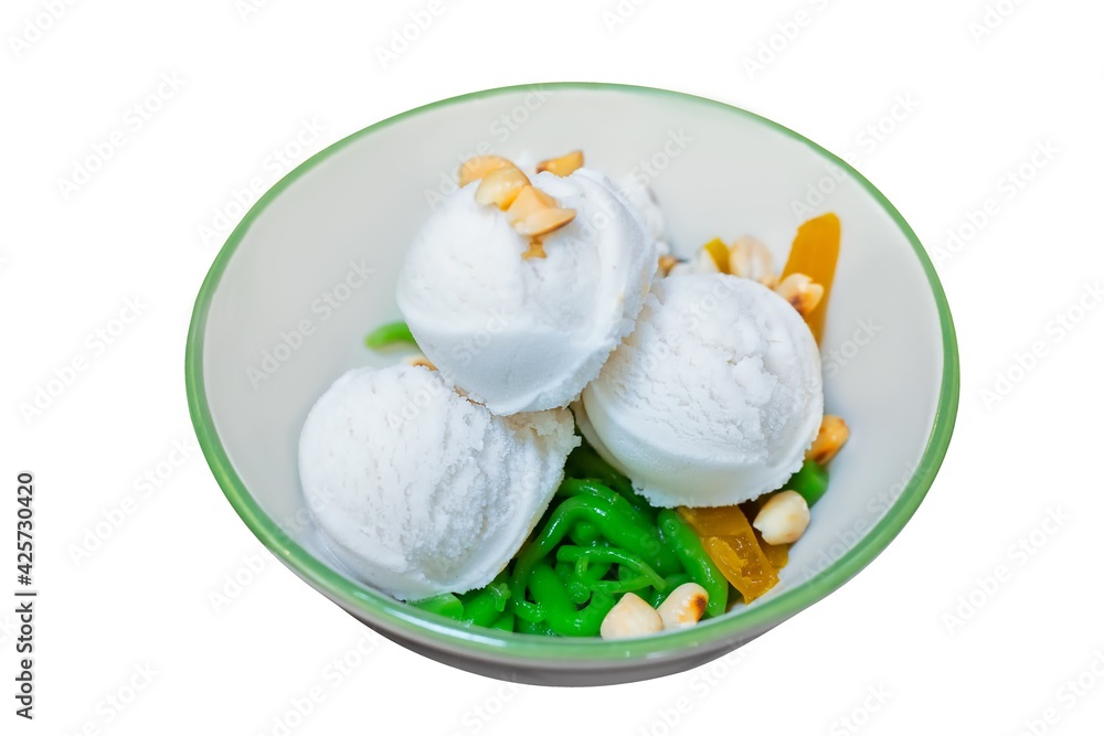 Coconut milk ice-cream with Lod Chong, Thai dessert made with flour, serving in white bowl. Isolated on white Coconut milk ice-cream with Lod Chong, Thai dessert made with flour, serving in white bowl. Isolated on white