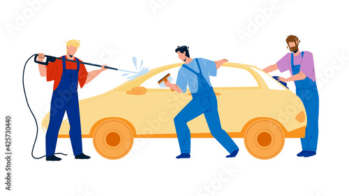 Car Wash Service Workers Washing Automobile Vector. Car Wash Station Man With Equipment Water Spraying, Cleaning And Wiping Windows With Rag. Characters Business Flat Cartoon Illustration