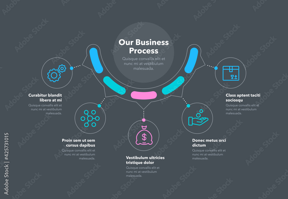 Simple concept for business process diagram with five steps and place ...