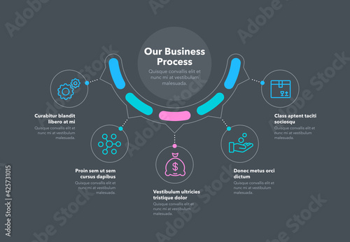 Simple concept for business process diagram with five steps and place for your description - dark version. Flat infographic design template for website or presentation. photo