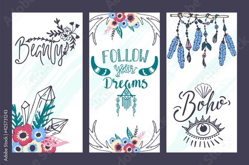 Boho style flyer, vector illustration. Vintage postcard design, romantic patt...