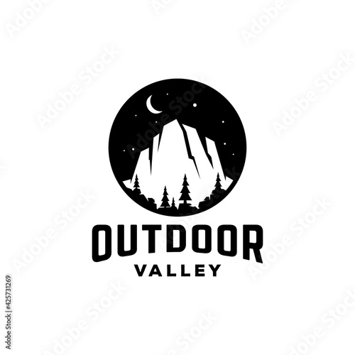 night scene valley or cliff outdoor adventure logo with stars and crescent moon icon design in hipster modern Vintage circle badge style 