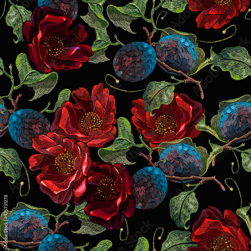Embroidery plums and red roses flowers, seamless pattern. Summer garden background. Fashion template for clothes, t-shirt design, renaissance style
