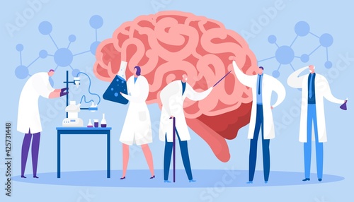 Study brain in laboratory, vector illustration. Scientists researching human mind. Doctor diagnoses patient, experiment.