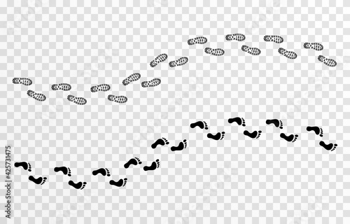 Set of vector tracks. Traces from shoes, from bare feet, heel. Human trails on an isolated transparent background. PNG.