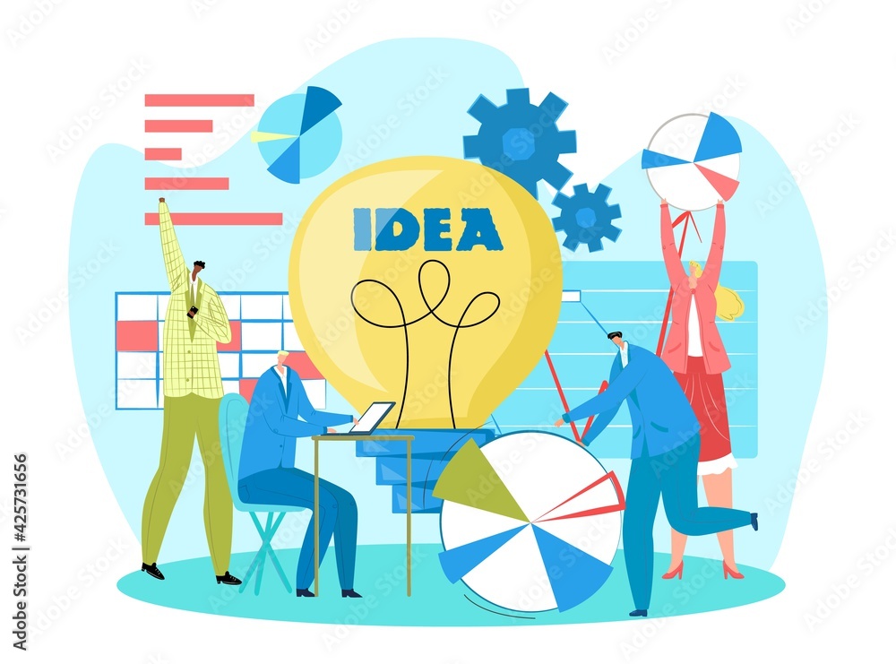 Business creative teamwork, vector illustration. Group people in office discuss project plan, analyze idea success, joint brainstorming.