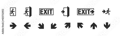 Exit symbol button set, danger escape emergency vector icon collection. Safe entrance warning icons.