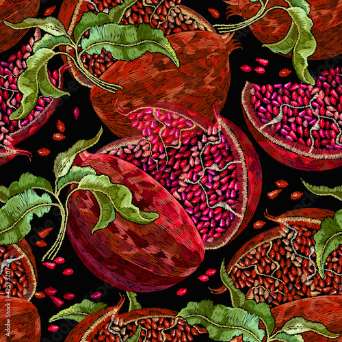 Embroidery pomegranate fruits. Seamless pattern. Autumn harvest art. Fashion template for clothes, t-shirt design, textile
