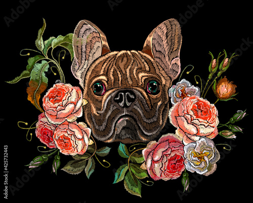 Bulldog head and roses flowers. Classical embroidery. Fashion animals. Template for clothes, textiles and t-shirt