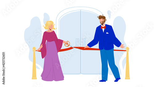 Grand Opening Ceremony, People Cut Tape Vector. Man And Woman Businesspeople Cutting Red Ribbon With Scissors Together On Grand Opening Ceremonial Event. Characters Flat Cartoon Illustration