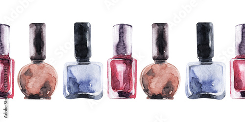 A set of watercolor seamless patterns with various women's accessories, shoes and bags