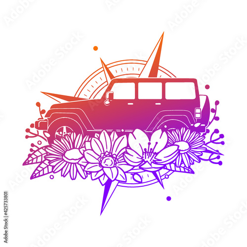 Offroad Rose Flower with Vintage Transport Design. Compass Floral frame ornament vector style. Decoration Design Wreat illustration.