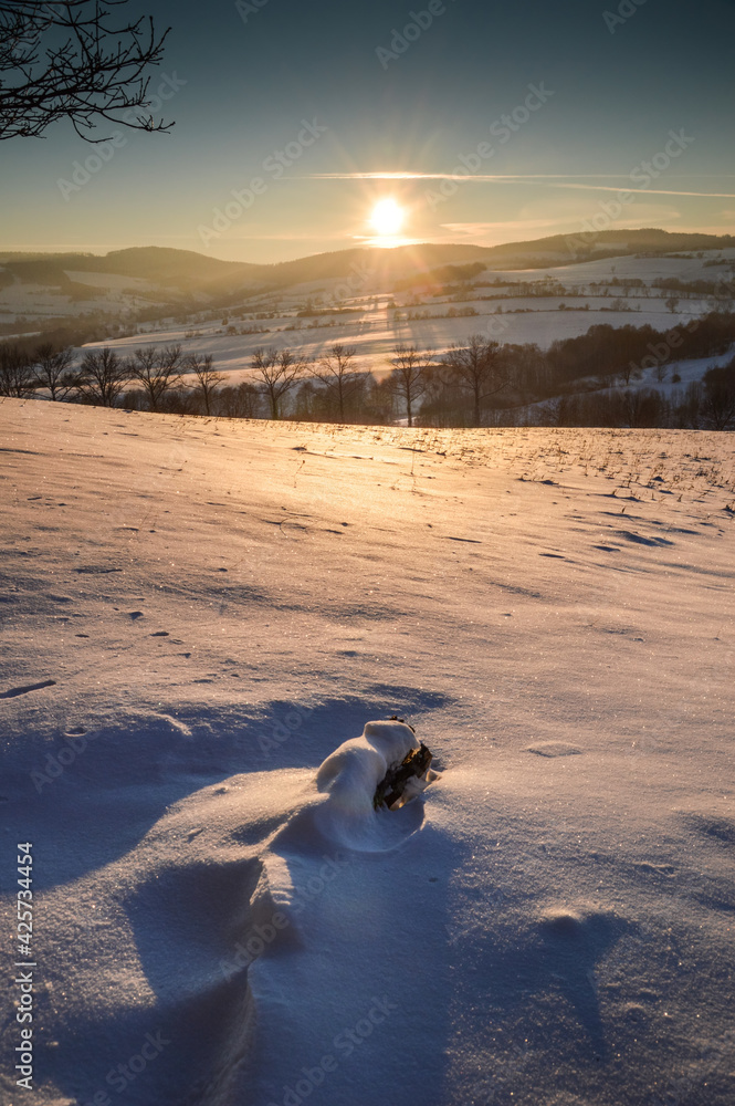 Winter landscape view in the sunset light at Lower Silesia, Poland