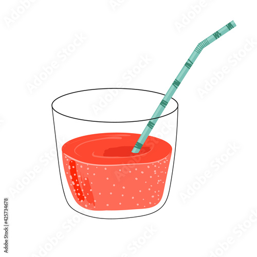 Hand drawn refreshing pink drink in glass with straw on white background