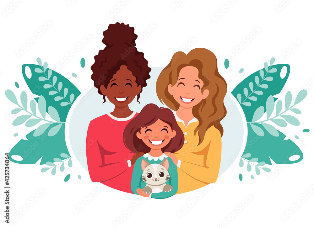 Naklejka premium Lesbian family with daughter and cat. LGBT family. Vector illustration.