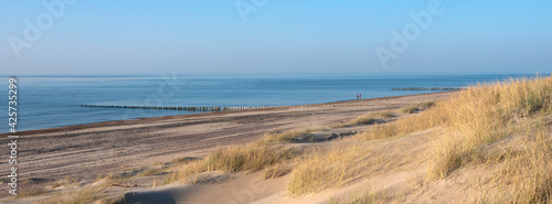 dunes and almost deserted beach on dutch coast near renesse in zeeland under blue sky photo