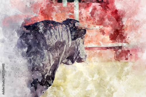 Fotografie, Obraz Watercolor, spectacle of bullfighting, where a bull fighting a bullfighter Spani